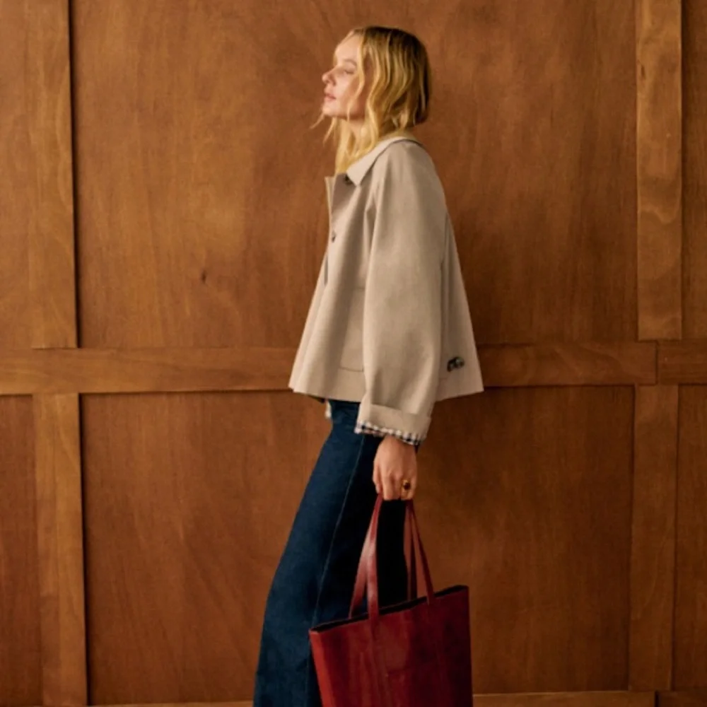 Sezane Bobby Jacket, Light Beige & Gingham, Oversized Cropped Trench, NWT Size 2 - Picture 4 of 16